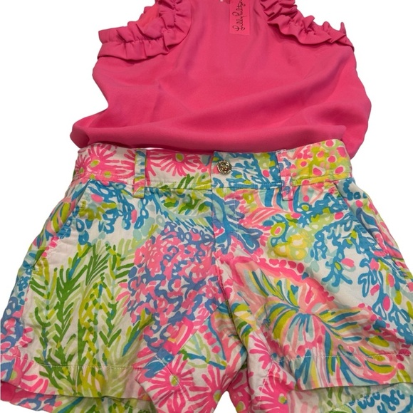 Lilly Pulitzer Women’s Outfit Callahan Shorts Sz 2 & Pink Ruffle Top XXS - Picture 2 of 15